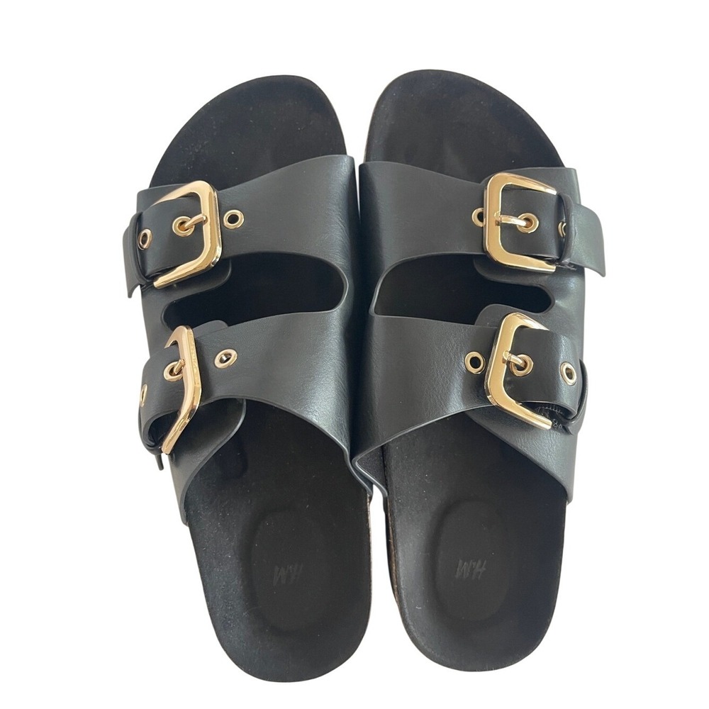 H&M Black Two Strap Slides with Gold Buckles 9 NWOT